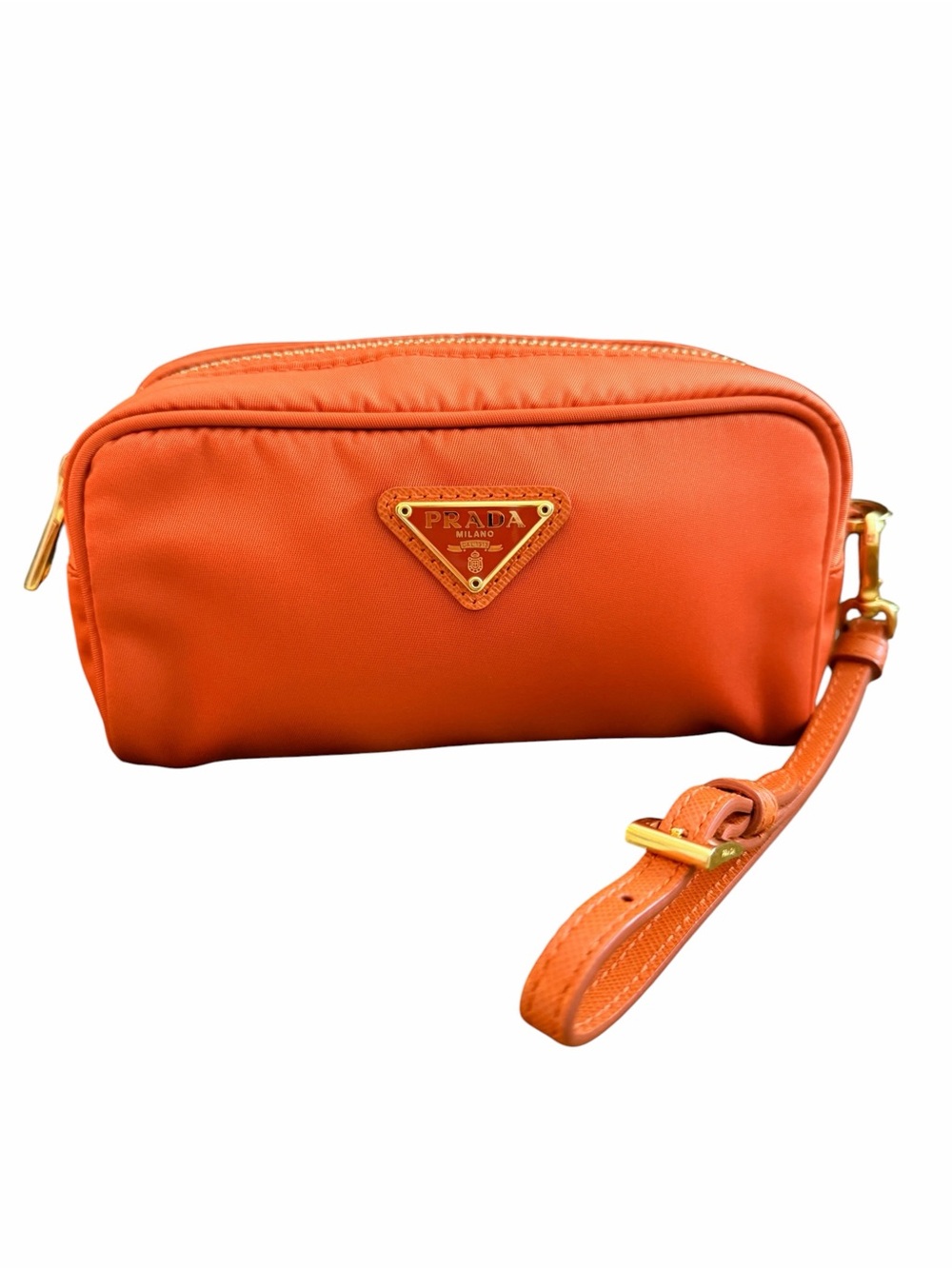 Authentic Prada Tessuto Nylon Orange Wristlet Pouch